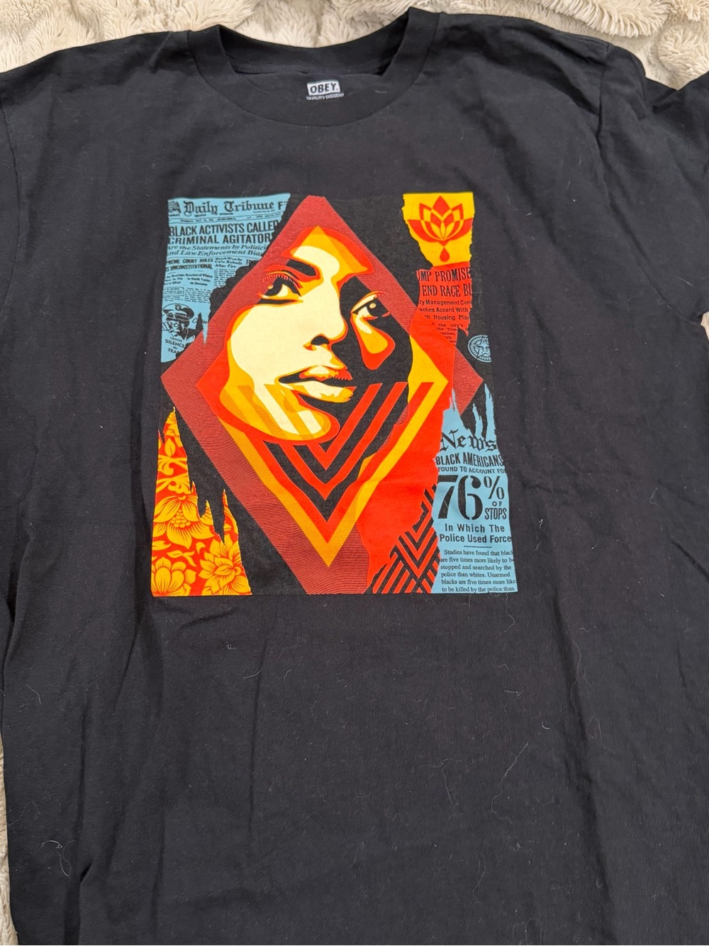 Obey Black Tee with Red, Orange & Yellow Portrait Graphic